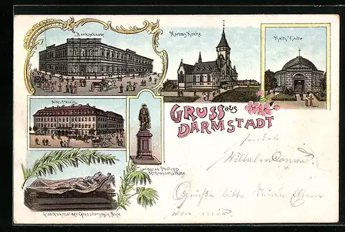 Lithographie Darmstadt, Bankgebäude, Martinskirche, Kath. Kirche, Altes Palais und Denkmäler
