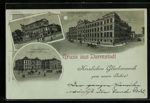 Lithographie Darmstadt, Grossherz. Technische Hochschule, Theater und Physikal.-Elekt. u. Chemie-Gebäude