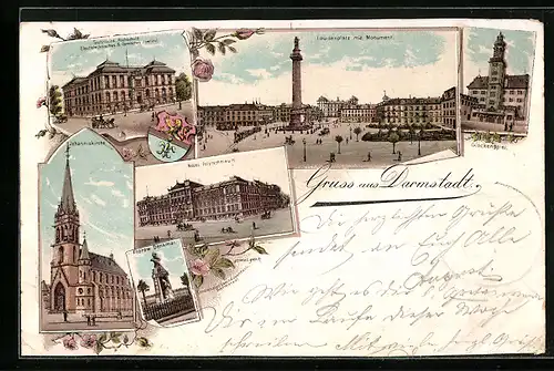 Lithographie Darmstadt, Louisenplatz mit Monument, Johanniskirche, Glockenspiel
