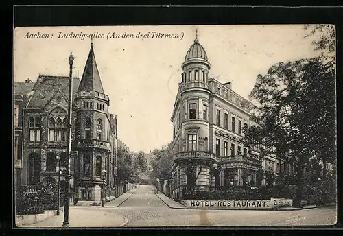 AK Aachen, Blick in die Strasse Ludwigsallee, Hotel zu den drei Türmen