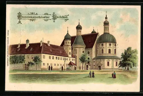 Lithographie Lechfeld, Partie am Franziskanerkloster