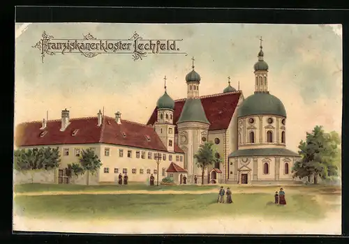 Lithographie Lechfeld, Partie am Franziskanerkloster