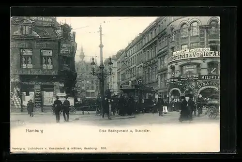 AK Hamburg-Neustadt, Ecke Rödingsmarkt und Graskeller, Strassenbahn