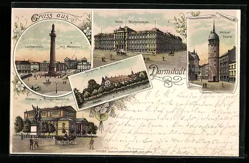 Lithographie Darmstadt, Schloss Kranichstein, Louisenplatz mit Monument, Weisser Turm