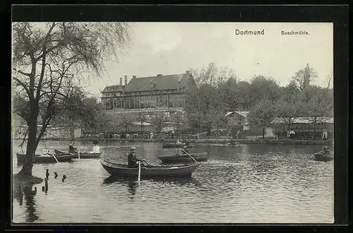 AK Dortmund, Gasthaus Buschmühle mit Booten
