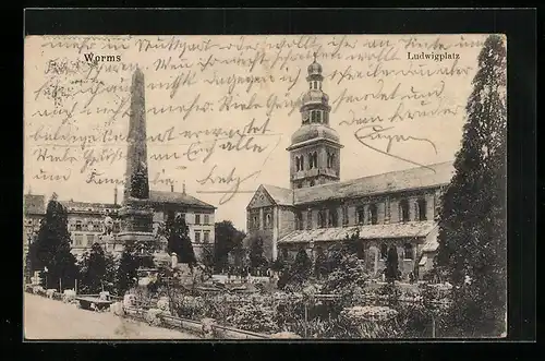 AK Worms, Ludwigplatz mit Kirche und Denkmal