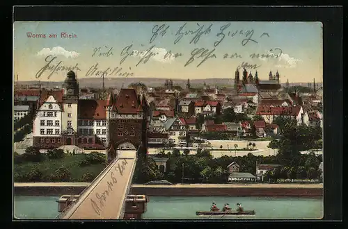 AK Worms am Rhein, Uferpartie mit Brücke