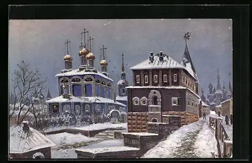Künstler-AK Moskau, Le château et l`église des boyards Romanoff au XVII siècle