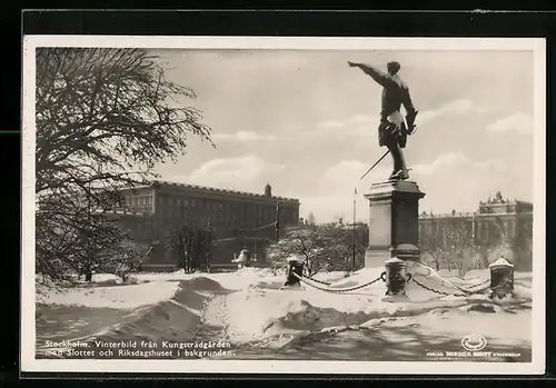 AK Stockholm, Vinterbild fran Kungsträdgarten med Slottet och Riksdagshuset i bakgrunden