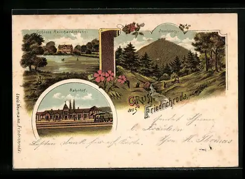 Lithographie Friedrichroda, Schloss Reinhardsbrunn, Bahnhof