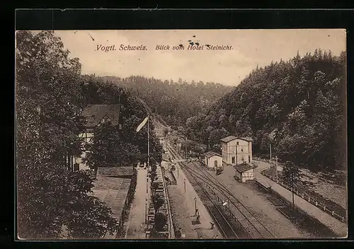 AK Liebau i. Vogtl. Schweiz, Blick vom Hotel Steinicht auf den Bahnhof