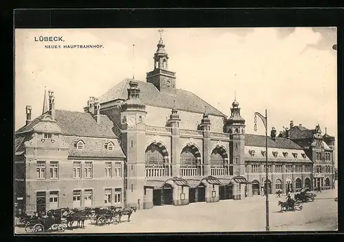 AK Lübeck, Neuer Hauptbahnhof mit Pferdekutschen