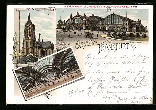 Lithographie Frankfurt, Hauptbahnhof mit Aussen- und Innenansicht, Dom