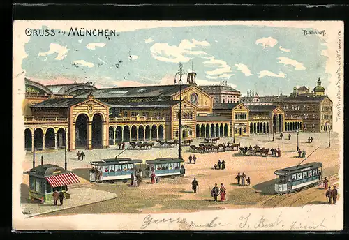 Lithographie München, Bahnhof mit Strassenbahn und Pferdewägen