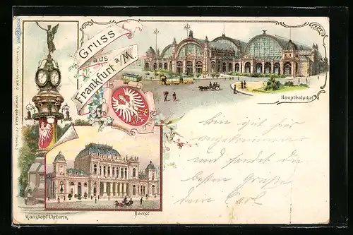 Lithographie Frankfurt / Main, Hauptbahnhof, Börse, Manskopf Uhrturm, Wappen