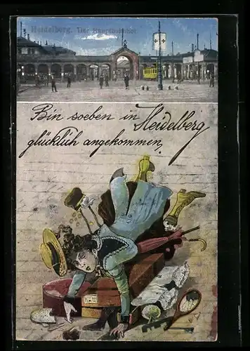 AK Heidelberg, Der Hauptbahnhof, Stürzende Frau der die ganze Habe über den Boden kullert