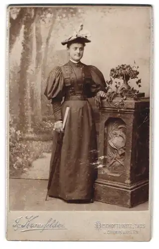 Fotografie Ig. Kranzfelder, Bischofteinitz, Junge Dame im Kleid mit Schirm