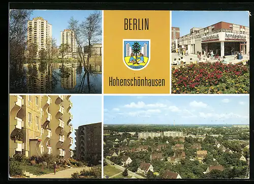 AK Berlin-Hohenschönhausen, Handelshaus, Hochhäuser, Ortsansicht, Wappen