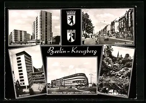 AK Berlin-Kreuzberg, Bezirksamt, Hochhaus am Kottbusser Tor, Hertie-Gebäude am Halleschen Tor, Wappen