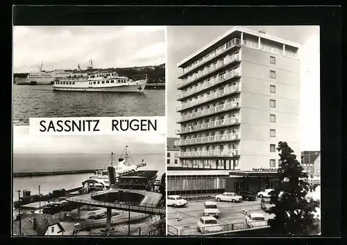 AK Sassnitz, Hafen, Fährbahnhof, Rügen-Hotel