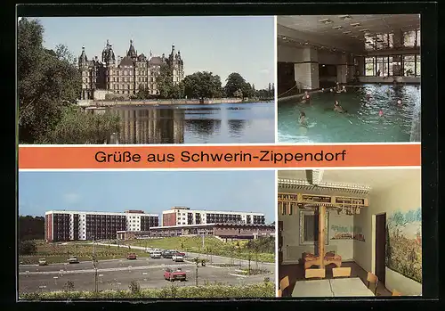 AK Schwerin-Zippendorf, Blick zum Schloss, Schwimmhalle, Blick zum FDGB-Erholungsheim, Spielzimmer