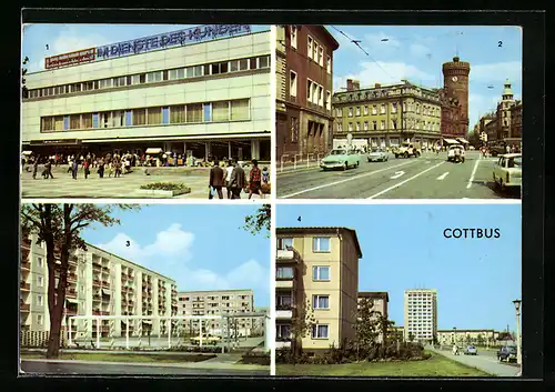 AK Cottbus, Konsument-Warenhaus, Ernst-Thälmann-Platz, Forster Strasse, Leipziger Strasse