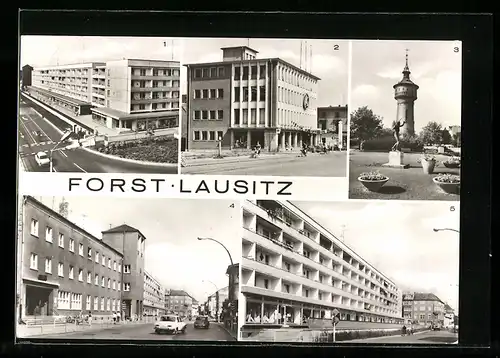 AK Forst /Lausitz, Konsum-Kaufhaus, Wasserturm und Berliner Strasse