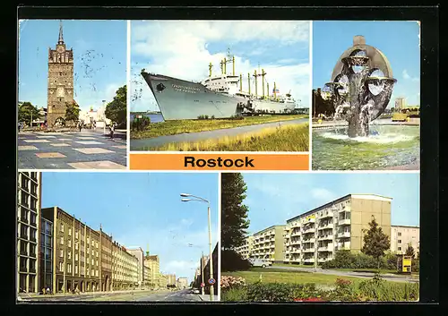AK Rostock, Lange Strasse, Wasserspiel in der Südstadt, Traditionsschiff Typ Frieden