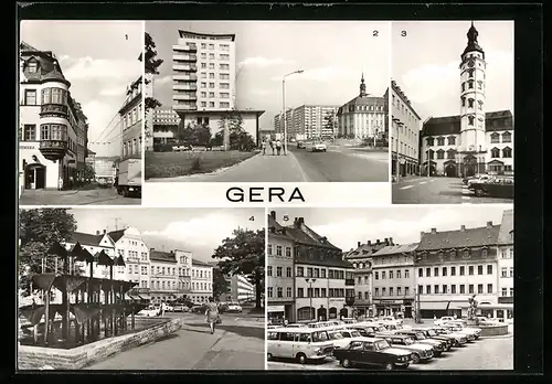 AK Gera, Erker der Stadt-Apotheke am Markt, Rathaus am Markt, Blick zum Puschkinplatz