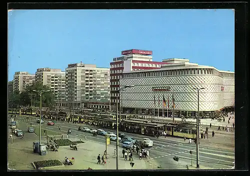 AK Leipzig, Warenhaus Konsument an der Brühlstrasse mit Strassenbahn