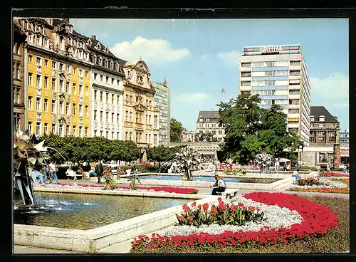 AK Leipzig, Brunnen und Blumen auf dem Sachsenplatz