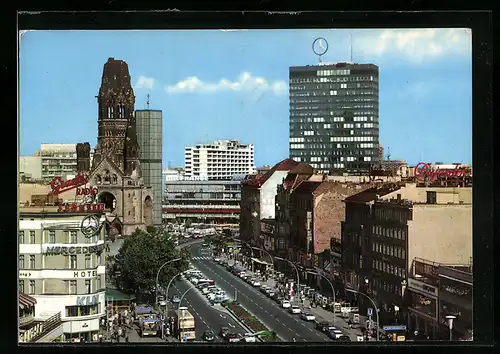 AK Berlin, Kurfürstendamm mit Hotel, Geschäften und Gedächtniskirche