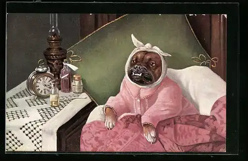 Künstler-AK Bulldogge mit Zahnweh im Bett, vermenschlichte Tiere