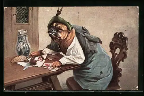 Künstler-AK Bulldogge sitzt bei einer Brotzeit am Tisch, vermenschlichte Tiere