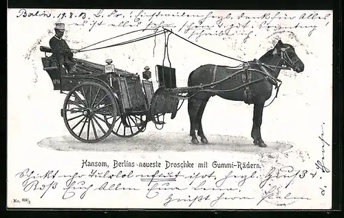 AK Hansom, Berlins neuste Droschke mit Gummi-Rädern, Pferdekutsche