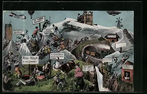 AK Rigi-Kulm, Zukunftsansicht mit Eisenbahn, Ballon, Hochhaus, wilden Kühen