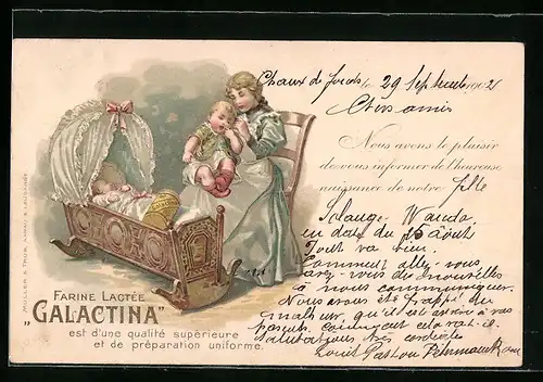 Lithographie Reklame für Farine Lactée Galactina, Frau mit Kindern und Wiege