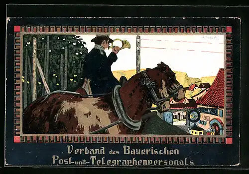 Künstler-AK sign. Jos. Högner: Verband des Bayerischen Post- und Telegraphenpersonals, Mann zu Pferd mit Posthorn