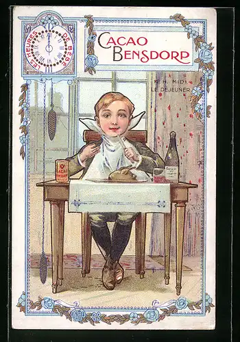 AK Reklame für Cacao Bensdorp, Knabe bei einer Mahlzeit
