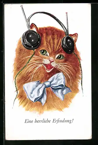 Künstler-AK Katze hört Radio über Kopfhörer
