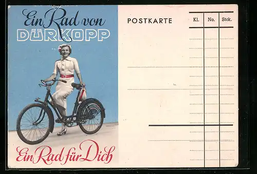AK Reklame, Frau mit einem Dürkopp-Fahrrad