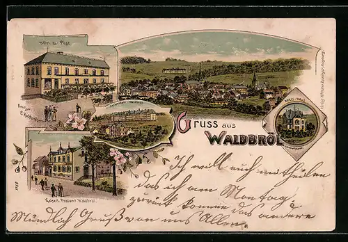 Lithographie Waldbröl, Gesamtansicht, Hotel zur Post, Strassenpartie mit Post