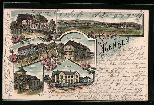 Lithographie Naensen, Gasthof Freund, Bahnhof, Totalansicht