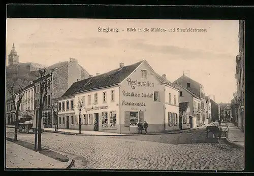 AK Siegburg, Gasthaus Emil Seebach mit Mühlen- und Siegfeldstrasse