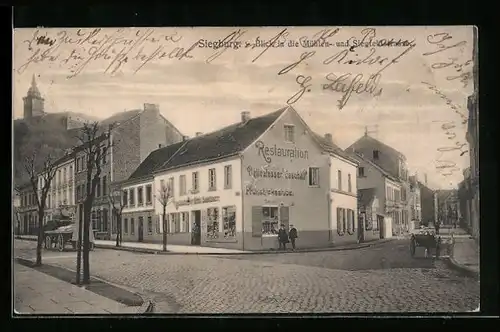 AK Siegburg, Gasthaus und Geschäft Emil Seebach mit Mühlen- und Siegfeldstrasse