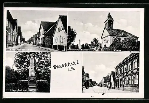 AK Friedrichstal i. Br., Gasthaus zur Krone E. Kampmann, Fritz-Plattner-Strasse, Kriegerdenkmal