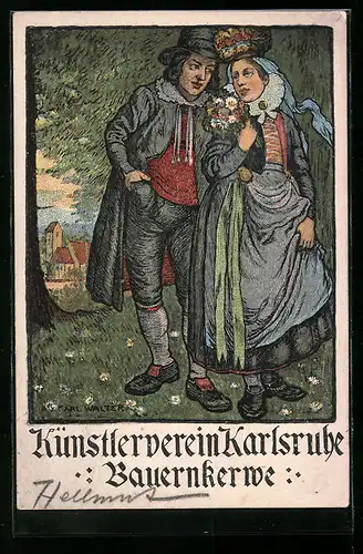 Künstler-AK Karlsruhe, Künstlerverein, Bauernkerwe, Bauernpaar vor Ortskulisse, Jugendstil