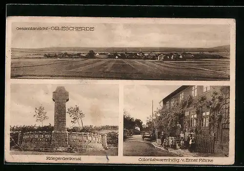 AK Gr. Escherde, Kolonialwarenhandlung v. Ernst Flörke, Kriegerdenkmal, Gesamtansicht