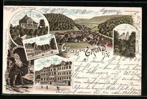 Lithographie Grund a. H., Römers Hotel, Haus Neuner, Römers Villen