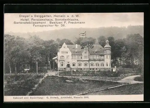 AK Hameln a. d. W., Blick auf Gasthaus Dreyer's Berggarten aus der Vogelschau